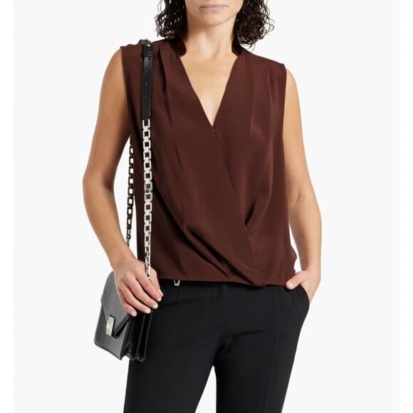 RAG & BONE Meredith Brown Wrap Effect Crepe Sleeveless Top Size XL - Picture 1 of 8